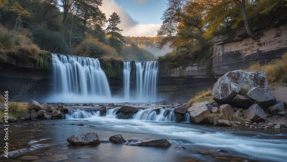 Obraz premium Majestic Long Exposure Shot of Cascading Waterfalls Surrounded by Autumn Foliage and Rocky Riverbed in a Serene Natural Setting