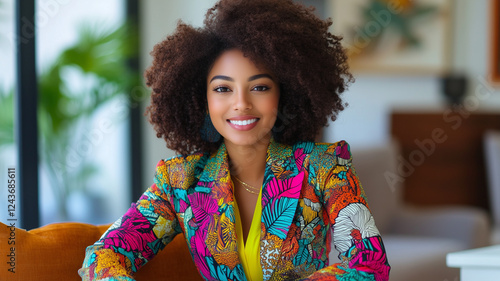 A young Afro-descendant woman in a stylish and colorful business suit, radiating joy and professionalism.