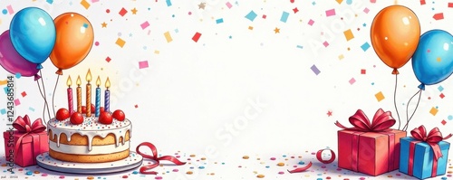Whimsical hand-drawn birthday cake, balloons, presents, confetti , celebration, design