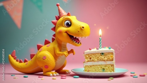 A cheerful yellow dinosaur enjoys a birthday cake slice , dessert, birthday, blue background