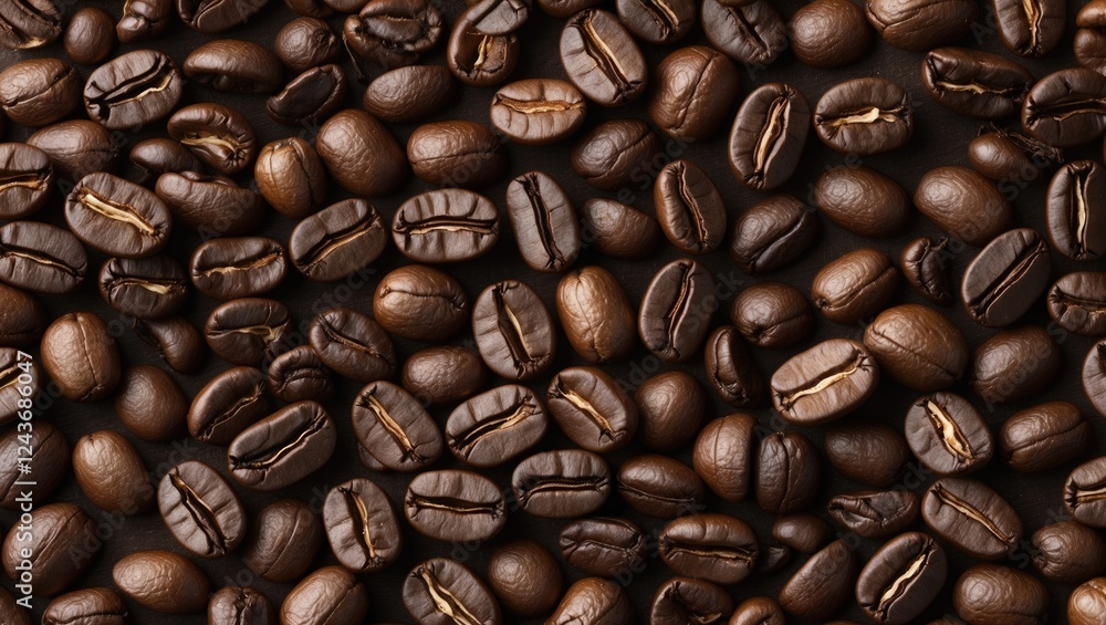 Obraz premium Aromatic close-up of roasted coffee beans arranged in various angles showcasing texture and color diversity on a dark background