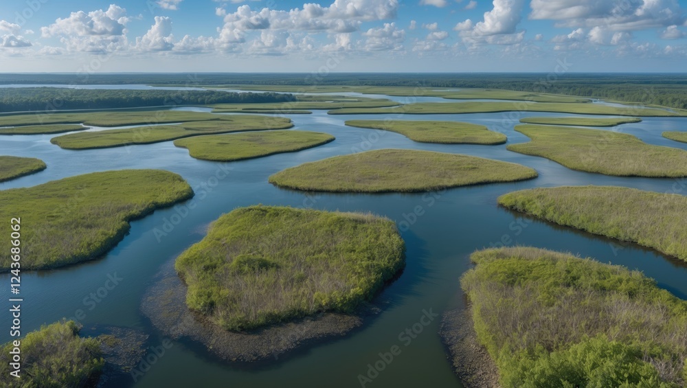 Aerial View of Serene Coastal Wetlands with Lush Vegetation and Tranquil Water Bodies Ideal for Text Insertion and Environmental Themes Aerial View of Serene Coastal Wetlands with Lush Vegetation and Tranquil Water Bodies Ideal for Text Insertion and Environmental Themes