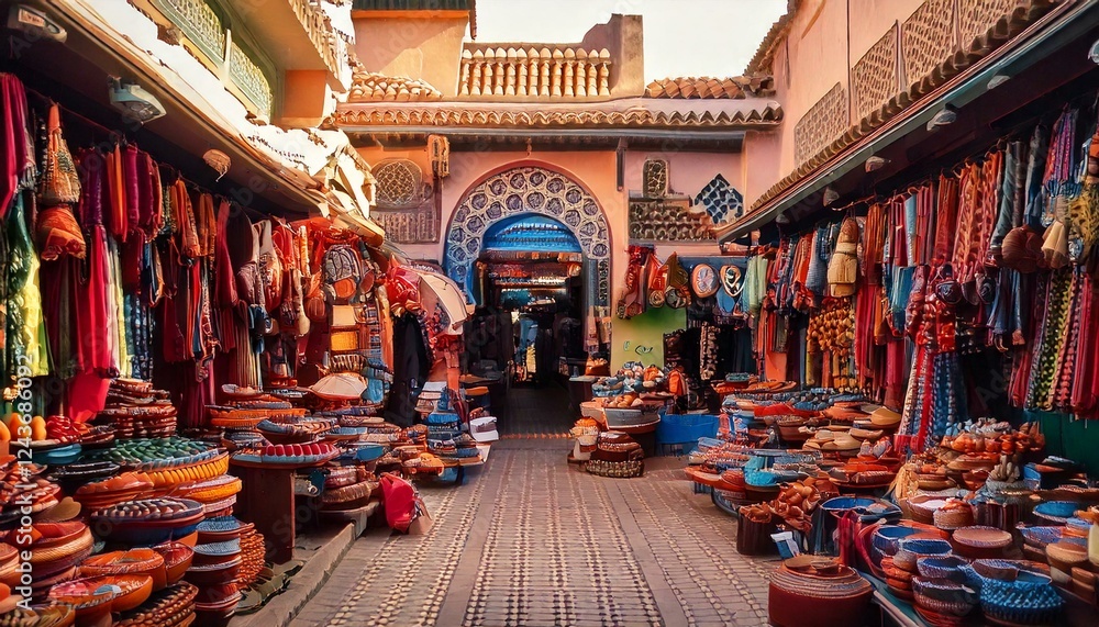 Naklejka premium Moroccan bazaar filled with colorful stalls 