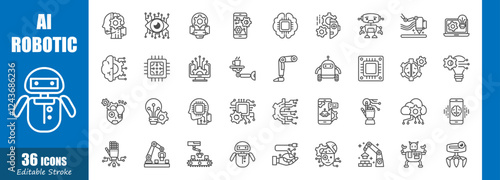 Artificial intelligence and Robotics . Technology outline icon collection . Editable stroke . Vector .