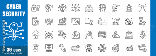 Cybersecurity . Technology outline icon collection . Editable stroke . Vector .