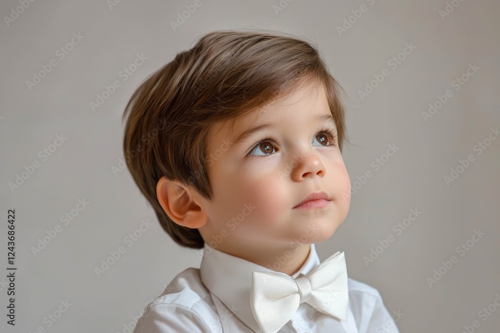 Little cute boy in white bow-tie looks away on grey background. Little cute boy in white bow-tie looks away on grey background.