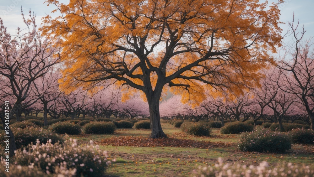 A solitary autumn tree with vibrant orange leaves amidst a blooming orchard in a serene landscape. A solitary autumn tree with vibrant orange leaves amidst a blooming orchard in a serene landscape.