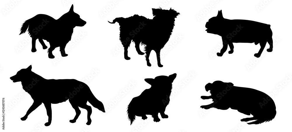 Obraz premium Black silhouettes of various dog breeds walking, standing, sitting and playing. Vector illustration