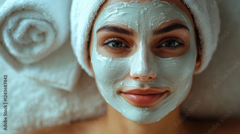 Fototapeta premium Woman Relaxing with Facial Mask in Spa, Embracing Serenity and Self-Care