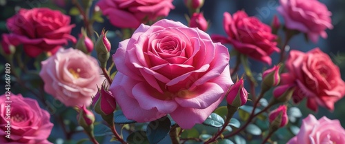 Vibrant close-up of blooming pink and red rose flowers in a garden showcasing lush petals and delicate buds. Ideal for floral designs and decor.