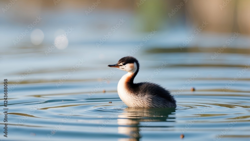 Graceful little grebe chick gliding on serene water with gentle ripples, capturing the essence of peaceful aquatic life in a tranquil setting Graceful little grebe chick gliding on serene water with gentle ripples, capturing the essence of peaceful aquatic life in a tranquil setting