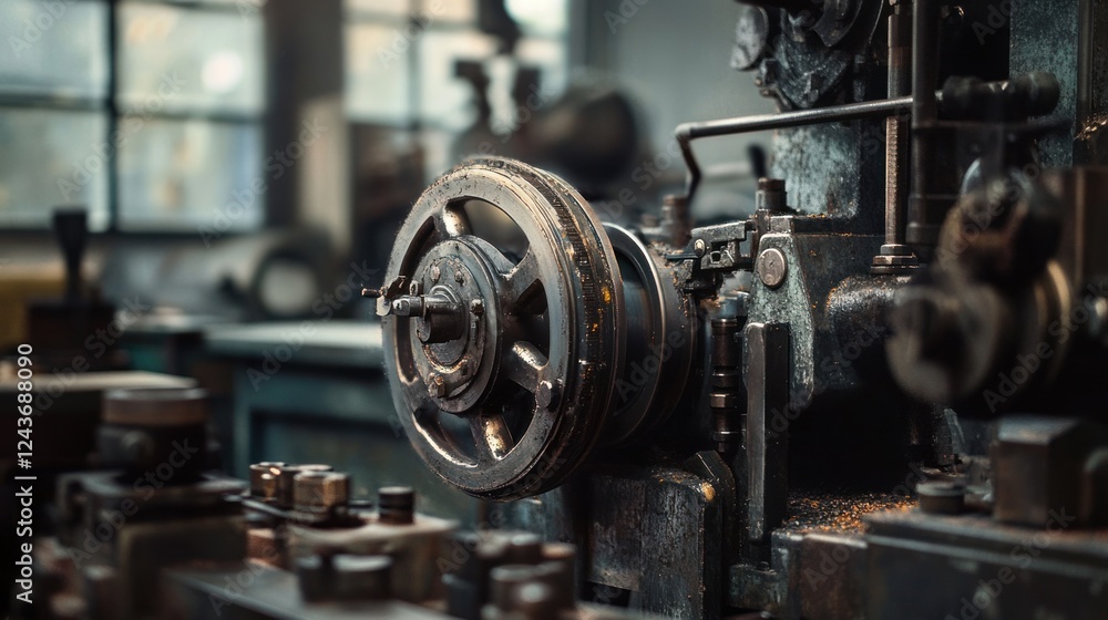 Fototapeta premium A close-up of an industrial machine component in a workshop setting.