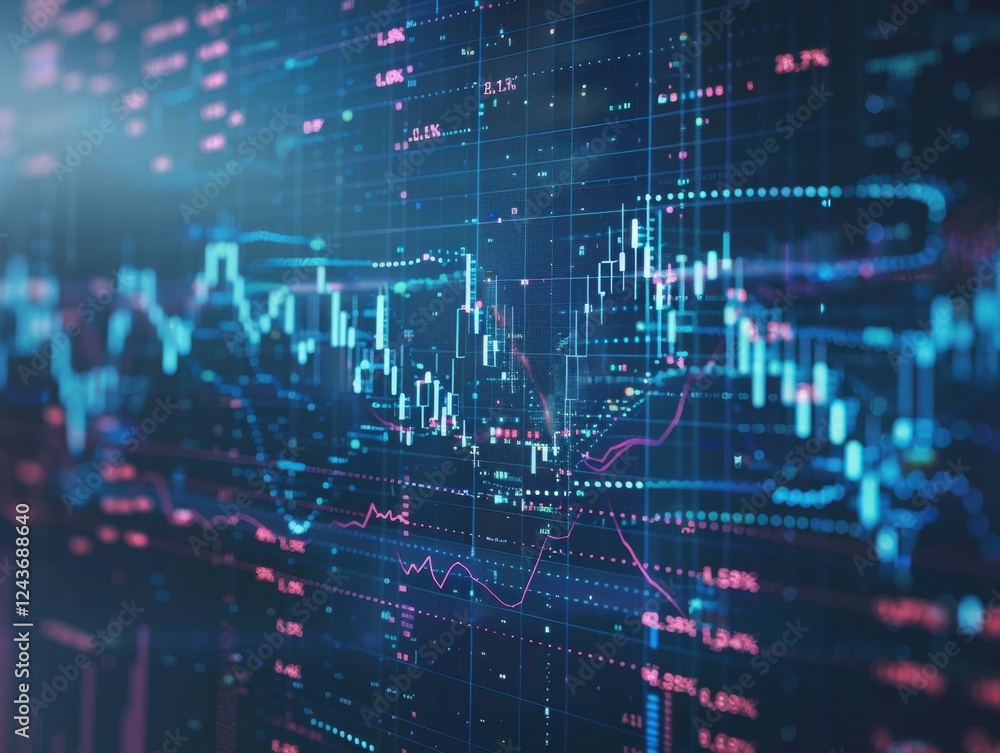 Abstract Financial Data Visualization: Glowing Blue Pink Stock Market Charts on Dark Screen Abstract Financial Data Visualization: Glowing Blue Pink Stock Market Charts on Dark Screen
