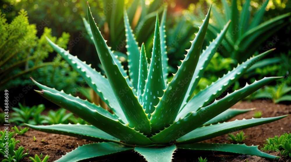 Aloe vera plant thriving in a garden setting with vibrant green leaves surrounded by lush vegetation under natural sunlight. Aloe vera plant thriving in a garden setting with vibrant green leaves surrounded by lush vegetation under natural sunlight.