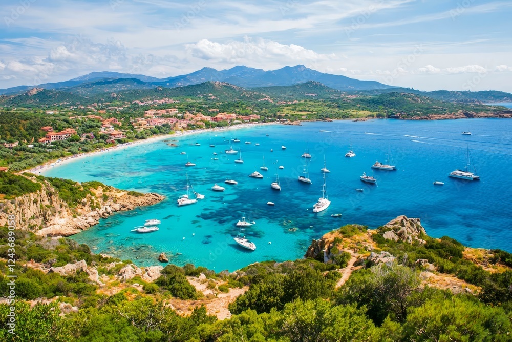 Obraz premium Sardinia. Birds eye from above of yacht, boats, crystalline and turquoise water