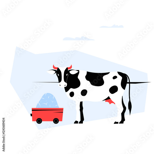 Dairy Cow With Red Feed Cart In Flat Vector Illustration Symbolizing Agriculture, Livestock Farming, And Dairy Production, Isolated On White Background.