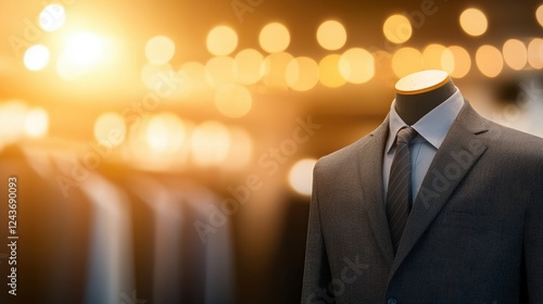 Professional mannequin in gray three-piece suit fashion store clothing display interior lighting close-up styling inspiration