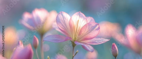 Delicate pink flower in soft focus with dreamy pastel hues and ethereal lighting for a serene nature theme backdrop.