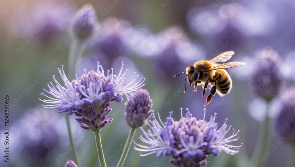 A Honey Bee Pollinating Beautiful Purple Flowers in a Serene Garden Setting A Honey Bee Pollinating Beautiful Purple Flowers in a Serene Garden Setting