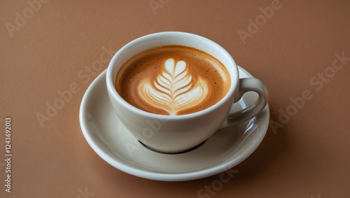 Espresso coffee cup with latte art on a brown background showcasing rich textures and warm tones ideal for cafÃ© and beverage themes photo