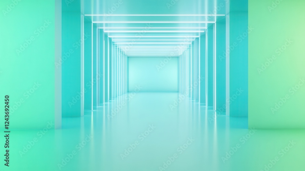 Obraz premium Abstract Neon Tunnel with Glowing Cyan and Green Lights