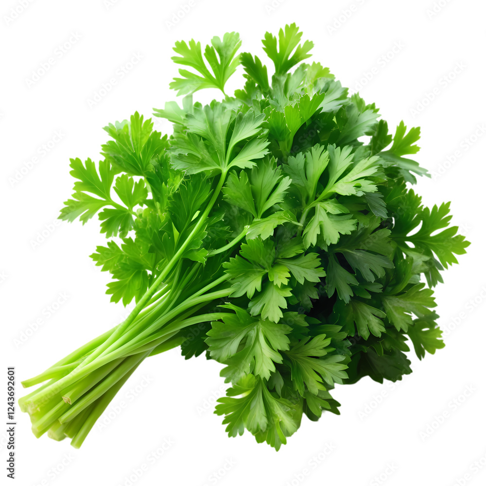Fresh green parsley bunch isolated on culinary herb food diet plant spice on transparent background