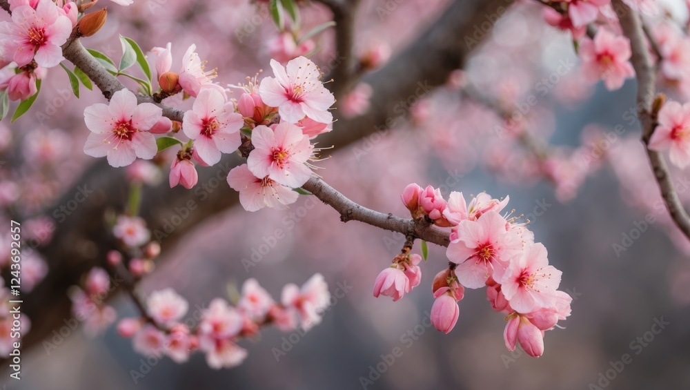 Blossoming Almond Tree with Delicate Pink Flowers and Soft Focus Background for Text Overlay Blossoming Almond Tree with Delicate Pink Flowers and Soft Focus Background for Text Overlay