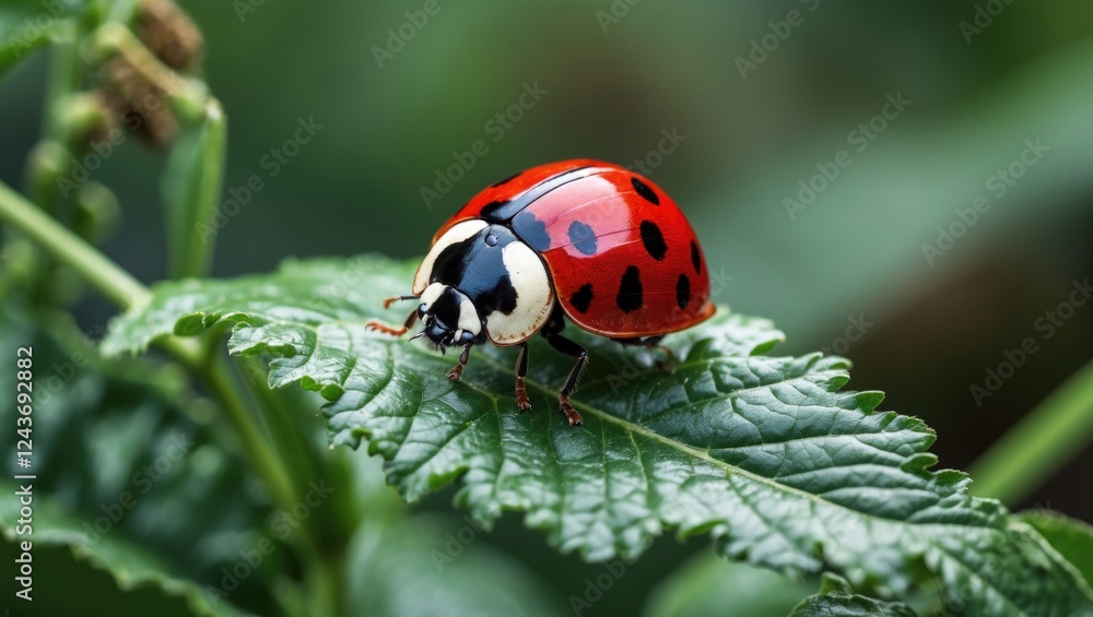 Vibrant Red and Black Ladybird Resting on a Green Leaf in a Lush Garden Environment Vibrant Red and Black Ladybird Resting on a Green Leaf in a Lush Garden Environment