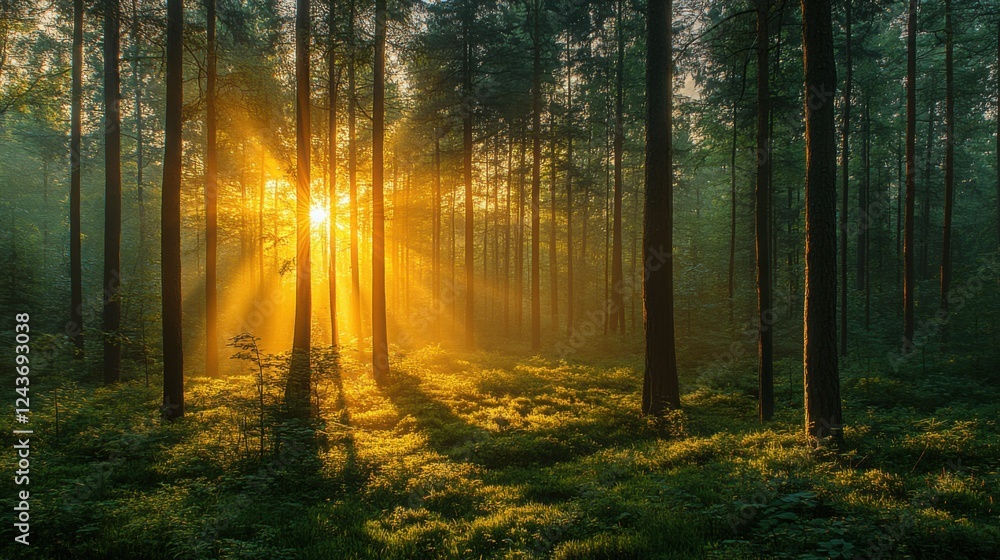 Tranquil forest bathed in soft sunlight, earthy tones blending harmoniously, evoking peace and natural serenity. Tranquil forest bathed in soft sunlight, earthy tones blending harmoniously, evoking peace and natural serenity.