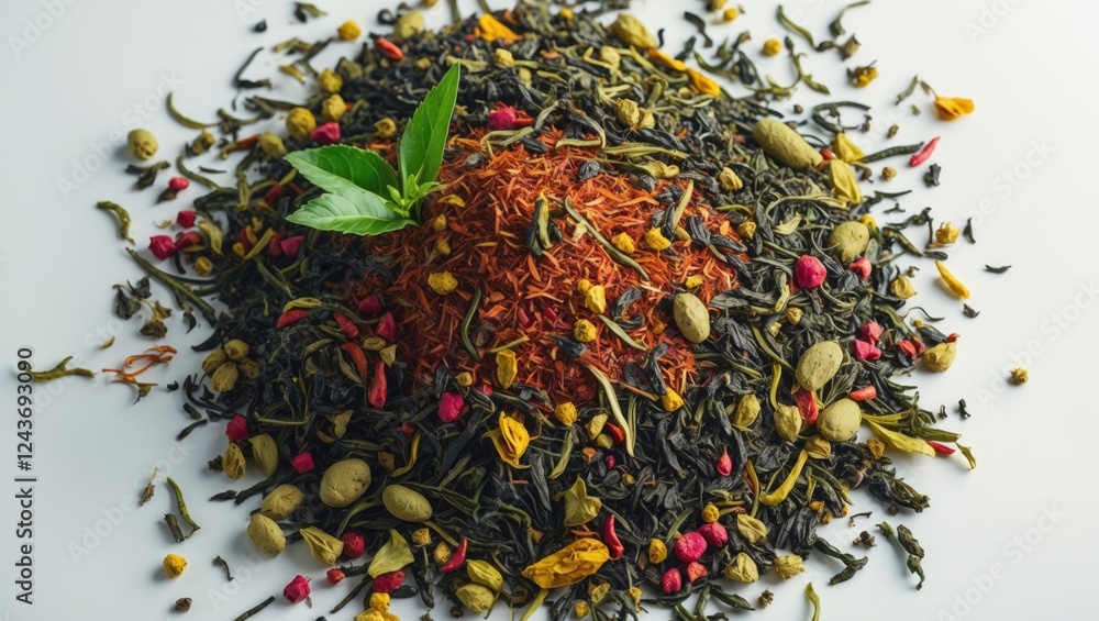 Traditional Egyptian herbal teas displayed on a white background featuring a colorful blend of spices and herbs with a fresh green leaf accent.