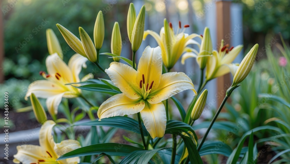 Obraz premium Vibrant yellow lilies blooming in a tranquil garden setting showcasing natural beauty and serenity in floral arrangements.