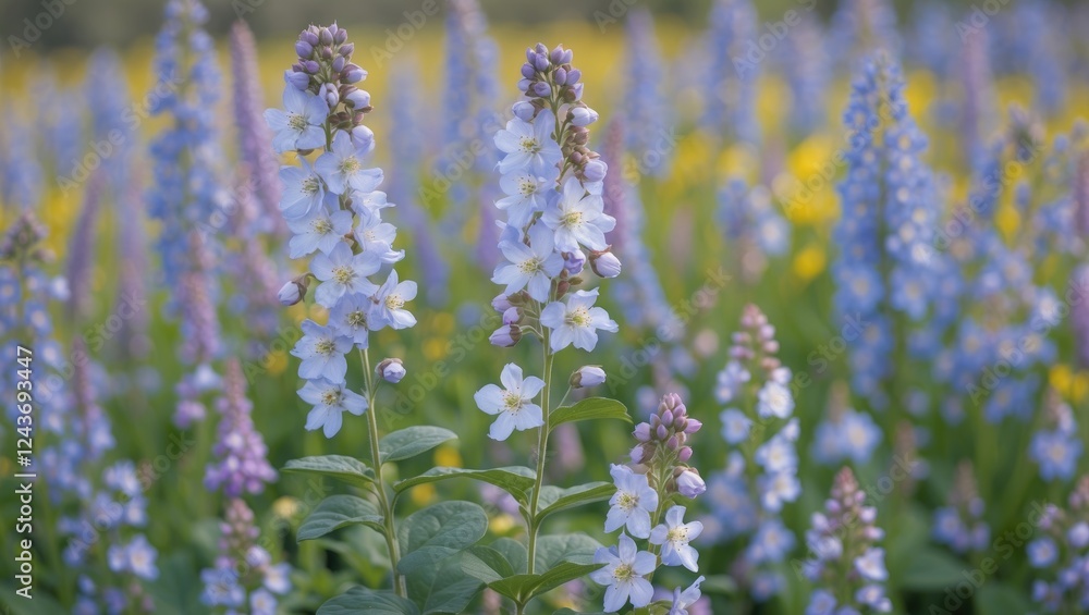 Obraz premium Aquilegia Flowers in Soft Focus Amidst a Flowering Meadow with Colorful Blooms and Empty Space for Text in a Natural Garden Setting