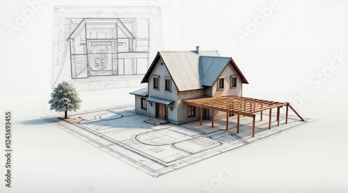 Fototapeta Naklejka Na Ścianę i Meble -  Two-story house with architectural plan overlay, modern residential project with blueprint and exterior view, home design concept for construction and property development