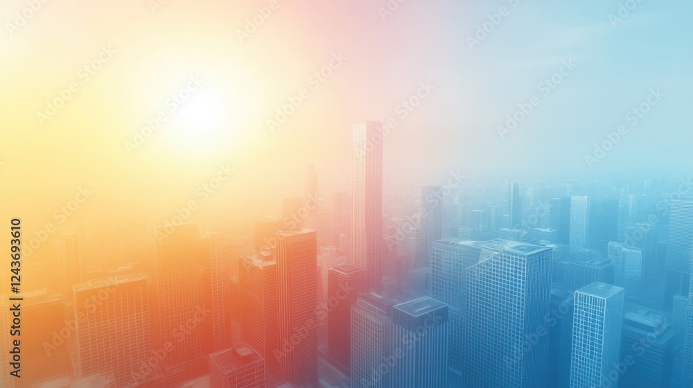 Warm and Cool Toned City Skyline at Sunset with Hazy Atmosphere Warm and Cool Toned City Skyline at Sunset with Hazy Atmosphere
