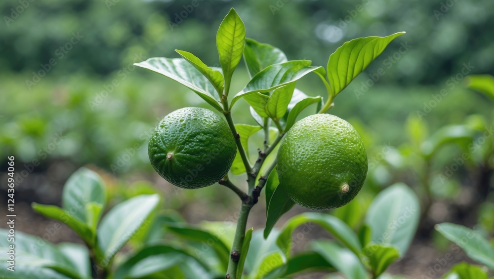 Fototapeta premium Fresh Calamansi Lime Plant with Lush Green Leaves in Tropical Garden Setting Ideal for Nature and Agriculture Themes