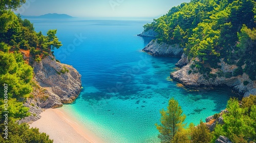 The stunning Blue Lagoon of Kastani beach on the island of Skopelos in Greece, with its turquoise water and lush greenery, is an amazing place to explore during your vacation photo