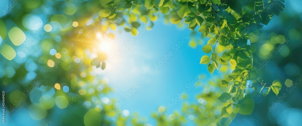 Obraz premium Abstract Circular Bokeh Background Featuring Lush Greenery and Sunlight with Blurred Foliage Creating a Serene Atmosphere for Text or Ads
