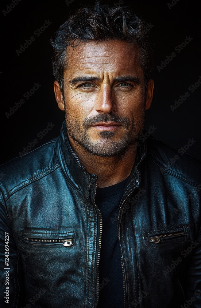 Fototapeta premium Dramatic Portrait of Mysterious Man in Black Leather Jacket with Chiaroscuro Lighting
