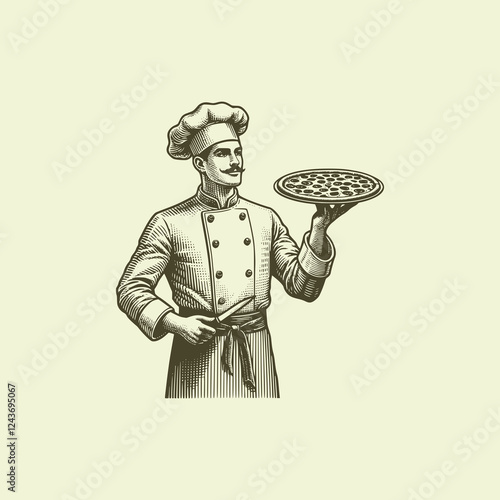 Chef in Uniform Holding a Freshly Baked Pizza on a Plate, Displaying Culinary Skills