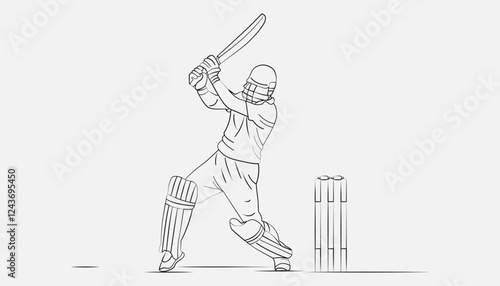 Cricket Vector Illustration Stylish Cricket Batsman Standing Pose - Line Art Cricket, Ideal Cricket Batsman Stance