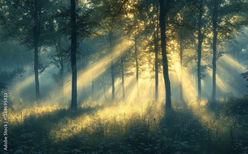 Fototapeta premium Forest Scene at Dawn with Sun Rays in Impressionism Style