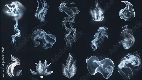 Collection of ethereal smoke and fire elements, perfect for design projects.  The various shapes and forms provide a versatile set for adding a mystical or magical feel. 