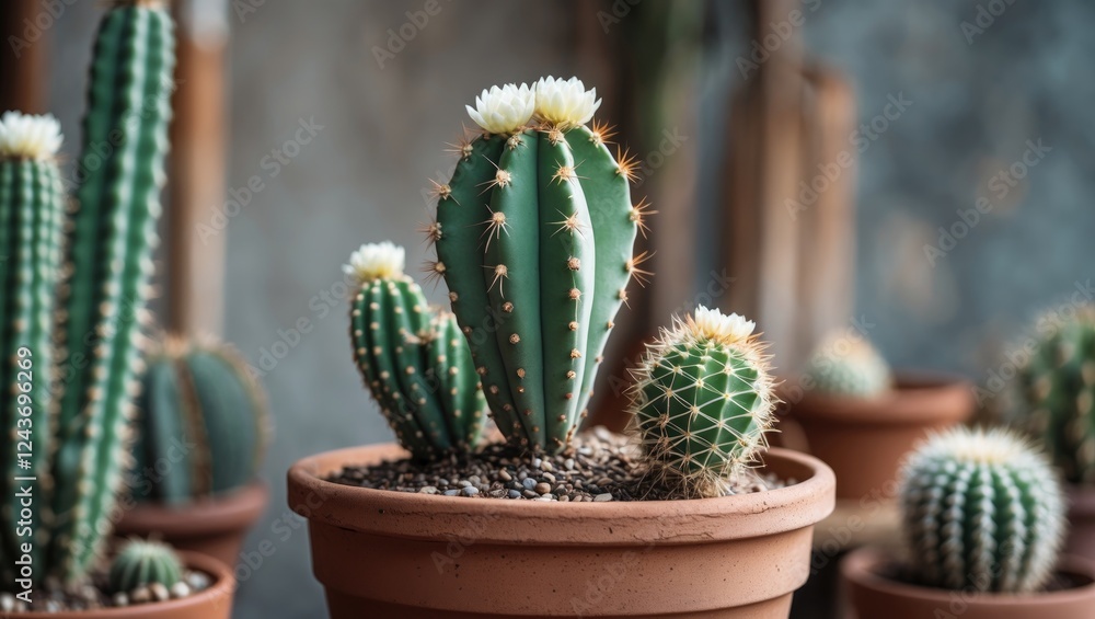 Vibrant Collection of Cacti in a Terracotta Pot with Flowers and Green Foliage on a Rustic Background Vibrant Collection of Cacti in a Terracotta Pot with Flowers and Green Foliage on a Rustic Background