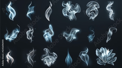 Collection of 20 abstract light smoke effect elements on dark background 