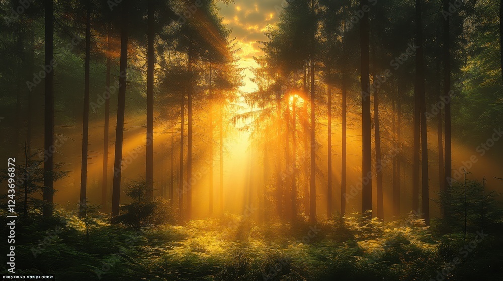 Obraz premium Tranquil forest bathed in soft sunlight, earthy tones blending harmoniously, evoking peace and natural serenity.