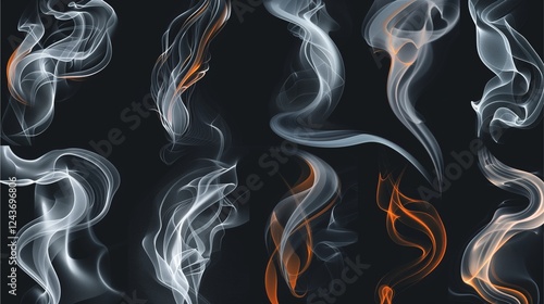 Smoke collection:  White and orange smoke swirls on black background 