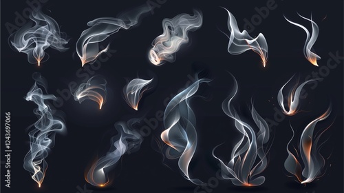 Collection of smoke and fire elements on dark background