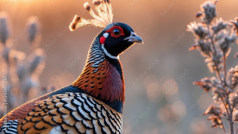 Elegant common pheasant with vibrant feather patterns, captured at sunset against a softly blurred background, highlighting its alert demeanor. Elegant common pheasant with vibrant feather patterns, captured at sunset against a softly blurred background, highlighting its alert demeanor.
