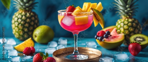 Colorful Summer Cocktail Garnished with Fresh Fruits and Mint in a Stylish Glass on a Tropical Background with Ice Cubes photo