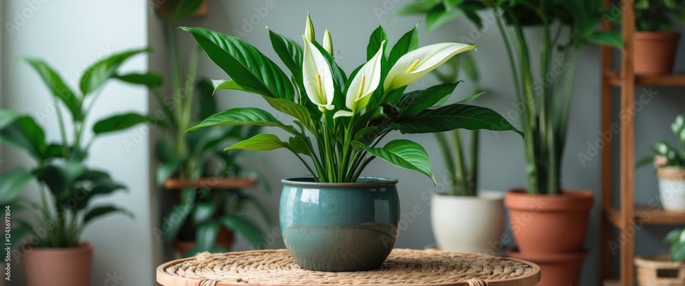 Fototapeta premium Elegant Peace Lily Houseplant in Pot with Lush Green Leaves Enhancing Indoor DÃ©cor and Purifying Air in Modern Living Space
